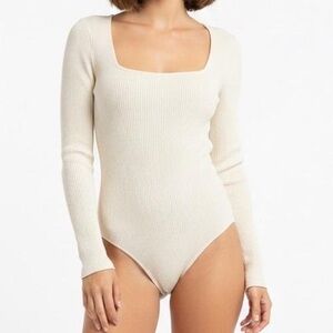 Cream Ribbed Square Neck Long Sleeve Bodysuit